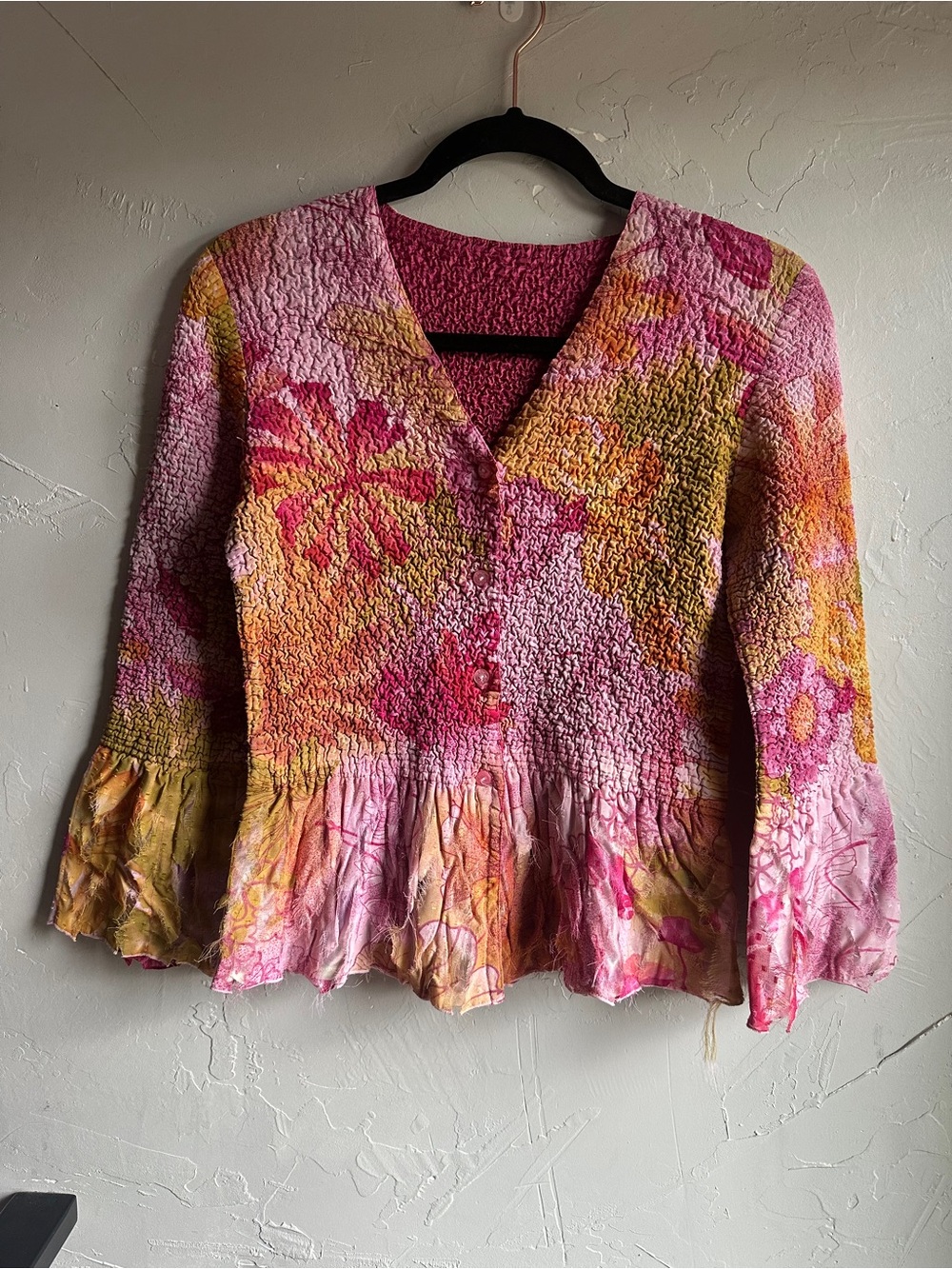 Reversible Pink Crinkle Ruffle Top Fairycore Boho Artsy Y2K Floral Blouse M/L